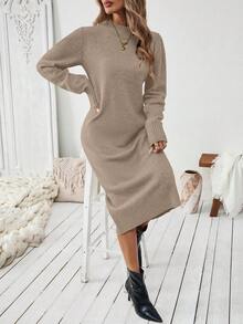 SHEIN Vestido de punto de unicolor casual para mujer, versátil para otoño/invierno - Caqui - Ver 4
