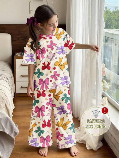 SHEIN Tween Girls' Casual Simple Crew Neck Short Sleeve Pants Loungewear Set, Suitable For Summer