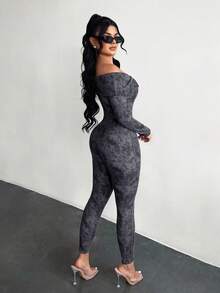SHEIN SXY Casual Women's Grey Long Unitard Featuring An Off The Shoulder Neckline Zipper And Print In Knitted Fabric Off Shoulder Jumpsuit Tight Jumpsuit Gray Jumpsuit Women Long Bodycon Jumpsuit Sexy Curve Jumpsuit Zip Up Jumpsuit Sexy Jumpsuit Long Sleeve Bodycon Jumpsuit - Grey - View 2