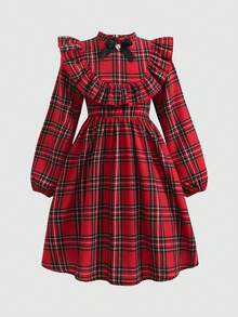 SHEIN Tween Girls' Casual Red Plaid Patchwork Ruffle Hem Long Sleeve Cinched Waist Flared Dress, Autumn/Winter