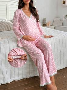 Moonlight&Mama 2 piezas Conjunto de pijama de maternidad con estampado floral diminuto y encaje, con top de manga larga y pantalones, para invierno - Multicolor - Ver 5