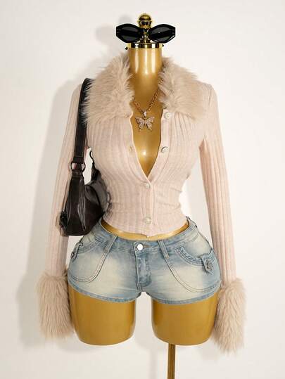 BamGleam Women's Solid Color Patchwork Fuzzy Long Sleeve Single-Breasted Ribbed Fitted Fashionable T-Shirt