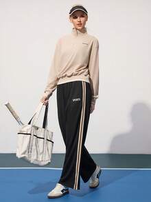 CourtClass Letter Print High Collar Half Zip Long Sleeve Pullover Sweatshirt Women S Athleisure Hiking Tops Women Outdoor Sports Top Sportswear For Women Golf Tops For Woman Athleisure Tops - Khaki - View 7