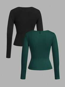SHEIN EZwear 2 件女式方领修身长袖休闲 T 恤套装，秋冬 - 彩色 - 查看 2
