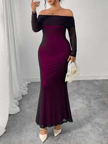 Cravure Plus Size Women's Elegant Black Off Shoulder Contrast Color Fitted Waist Dress - Black - View 4
