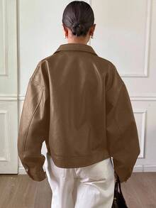 DAZY Áo khoác da dày dặn, thường ngày, rộng rãi, thoải mái, mùa thu/đông mới cho nữ - Màu Khaki - Xem 2