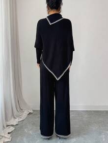 SHEIN Elenzya 女士秋冬长款斗篷、宽松拼色毛衣和阔腿裤两件套 - 黑色 - 查看 2