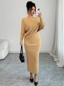 SHEIN Elenzya 2 件套优雅蝙蝠袖套头衫和裙子套装，通勤装，秋冬 - 黃色 - 查看 4