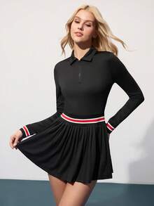 CourtClass Women's Zip-Up Polo Collar Striped Long Sleeve Pleated Hem Sports Dress With Shorts Tennis Dress Long Sleeve Tennis Dress Black Tennis Dress Polo Dress Tummy Control Tennis Dress Tennis Skirt Set Pleated Tennis Dress Tennis Dress With Shorts Zip Up Tennis Dress Long Sleeve Tennis Outfit
