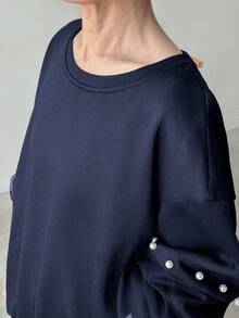 FRIFUL Women's Round Neck Pearl Button Decor Lantern Sleeve Loose Mesh Splice Sleeve Thickened Solid Color Sweatshirt, Halloween Costume