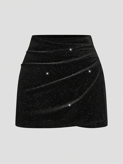 Vibekara 大码黑色和卡其色休闲百褶迷你裙，修身百搭