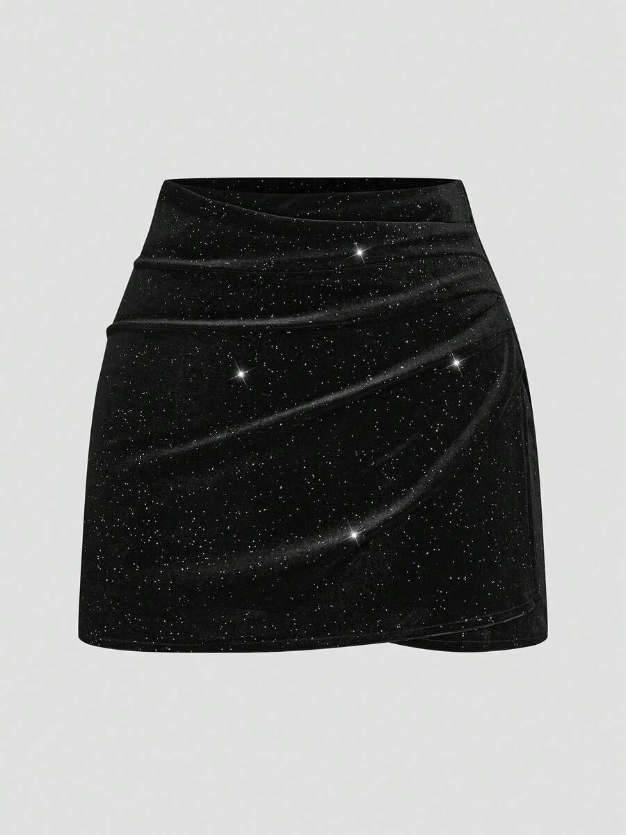 Sweetra CURVE Plus Size Black & Khaki Casual Pleated Mini Skirt, Slimming & Versatile - Black - View 1
