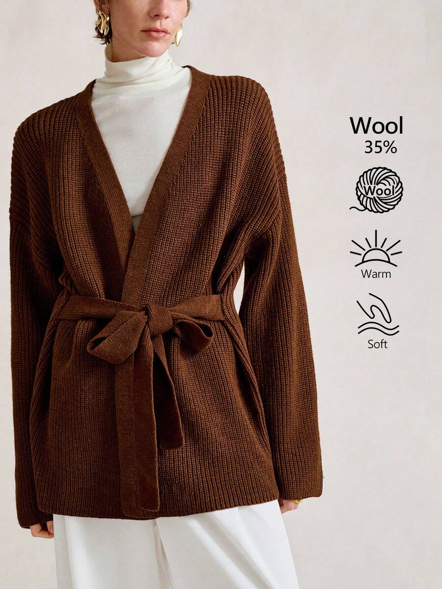 Aalyst Women's Minimalist Loose Textured Solid Color Long Sleeve Knit Cardigan, Autumn/Winter - Brown - View 1
