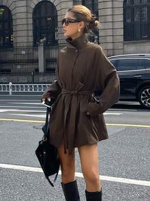DAZY 女式纯色简约休闲长袖风衣 - 咖啡棕 - 查看 1