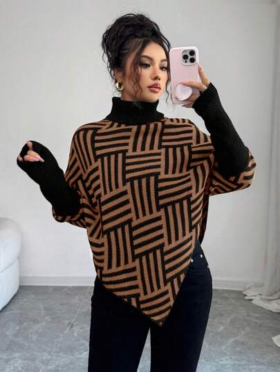 Elenzga Poncho de suéter elegante de cuello alto con textura geométrica para mujer, en bloques de color, adecuado para el hogar y los viajes, primavera/otoño