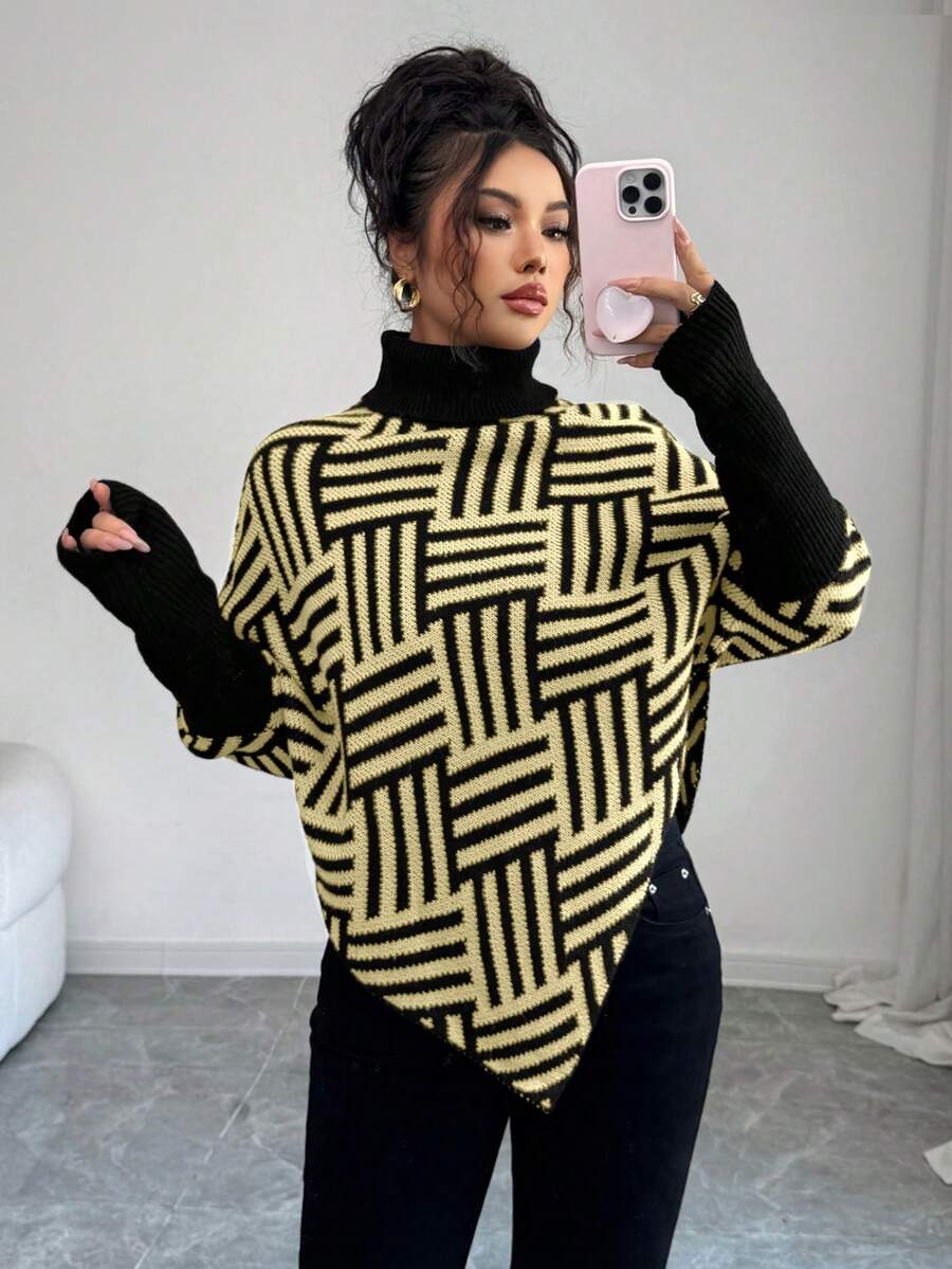 Selianne Women's Elegant High Neck Geometric Textured Poncho Sweater, Colorblock, Suitable For Home & Travel, Spring/Autumn - Yellow - View 1