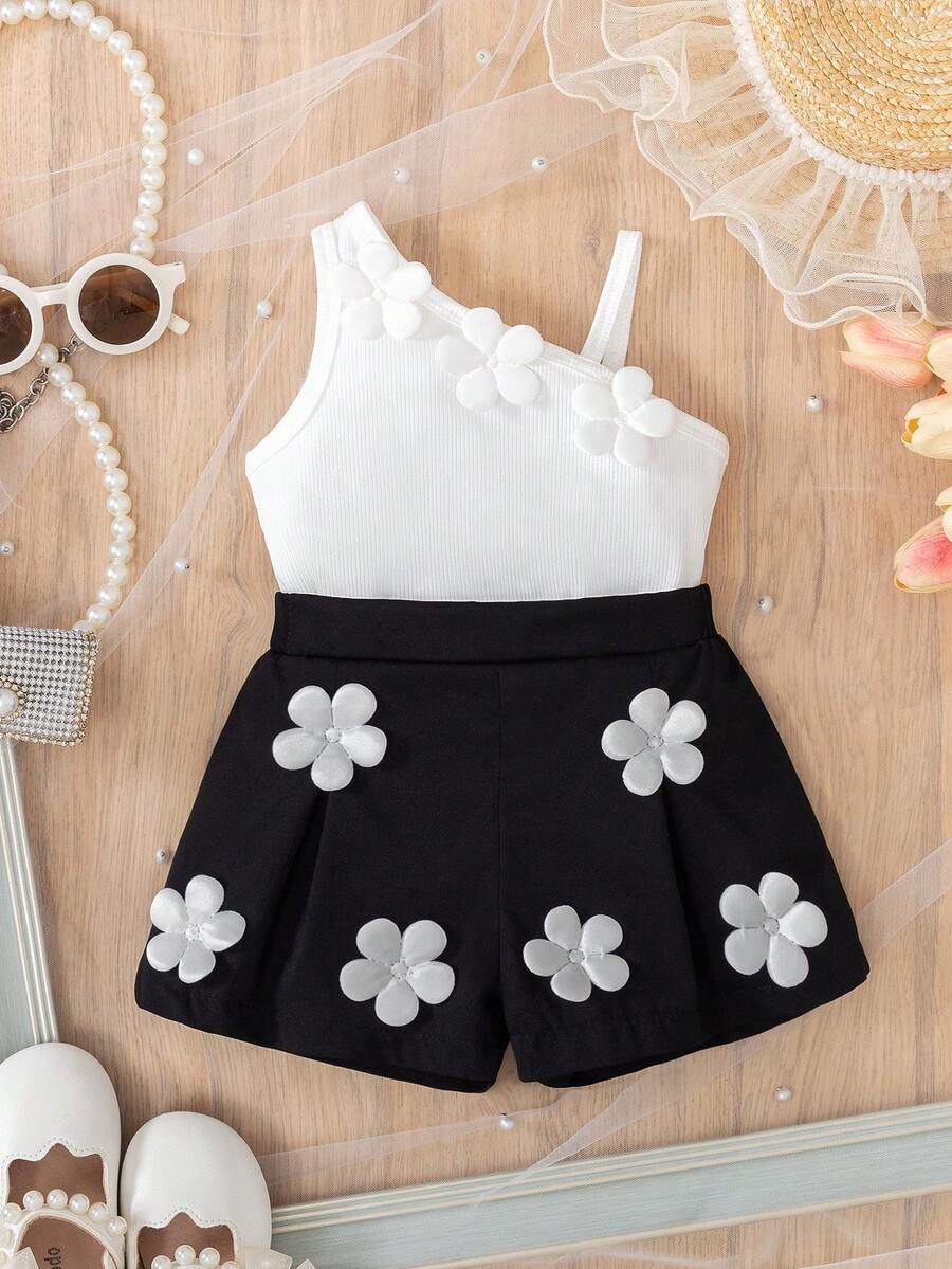 SHEIN 女宝宝韩版时尚夏季新款时尚 3D 花卉装饰套装、细肩带背心 + 可爱短裤 2 件套服装