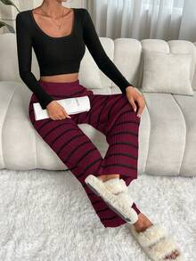 SHEIN LUNE Ensemble pantalon et pull tricoté casual bicolore pour femmes - Rouge foncé - Voir 6