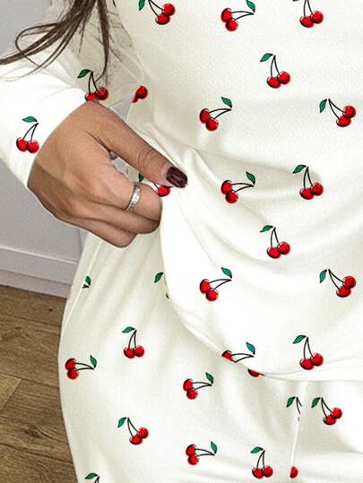 Vintage Sweet Super Schattige Mini Cherry Print, Stylish Lazy Vibe, Bm, Ballerina Dopamine, Teen Girl Round Neck Raglan Sleeve Shirt Plaid Pattern Loose Pajama Pants Pieces Set, Cozy Season, Vibes, s, Easy Com t, Girls, Wear, New Fall view 4