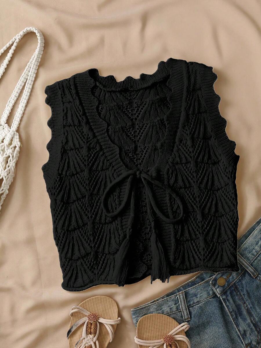 SHEIN Unity Áo len cardigan không tay buộc khoét lỗ màu trơn thời trang thu đông ngọt ngào cho nữ - màu đen - Xem 1