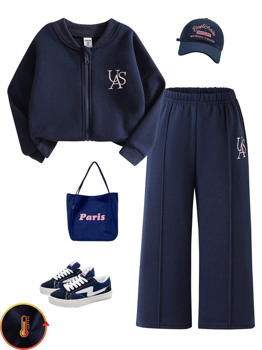 SHEIN Genkimix Kids 2 件套年轻女孩时尚修身夹克和高腰阔腿裤套装，春秋 - 藏蓝色 - 查看 1