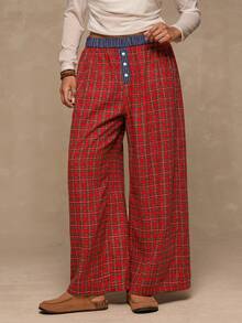 SHEIN VCAY Pantalon ample en flanelle rouge à carreaux de Noël pour femmes grandes tailles, doux et confortable. Idéal pour l'automne/hiver - Rouge - Voir 3