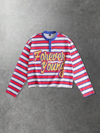 Prep Men's Casual Contrast Stripe & Letter Print T-Shirt