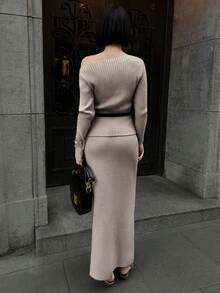 SHEIN Unity 2pcs Women's Apricot Long Sleeve Off-Shoulder Sweater With Belt & Knit Skirt Set, Minimalist & Sweet, Autumn/Winter