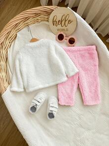 2-Pack Newborn Casual Simple Cute Grab Double-Faced Velvet Material With Heart Pattern Round Neck Sweatshirt And Trousers Set Suitable For New Born Newborn Clothes Birthday Party, Evening Party, Performance, Wedding, Baptism, Opening Ceremony Suitable For Daily Use Suitable For Home Suitable For Travel Suitable For Autumn And Winter Seasons - Baby Pink - View 6