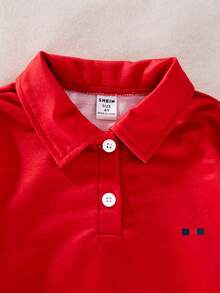 SHEIN Casuvi Young Boys 2-Piece Set, Polo Collar Long Sleeve Top & Solid Pants, Sporty Casual Striped Outfit For Daily Wear, Vacation, Back To School, Autumn - Red - View 7