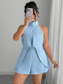 Elenzga 大码女式夏季优雅纯色吊带连体裤短裤 - 藍色 - 查看 4