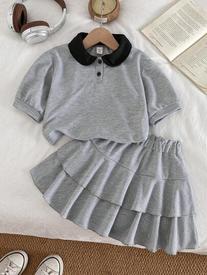 Genkimix Kids Bộ áo thun polo màu tương phản thường ngày đi làm cho bé gái, có cổ và chân váy nhiều lớp