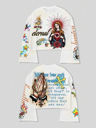 Street Life Herren Slogan & Pentagramm Muster Rundhals Loose Fit Langarm Lässig T-Shirt