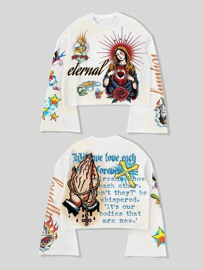 Street Life Camiseta casual de manga larga de cuello redondo con estampado de lema y pentagrama, corte holgado para hombre