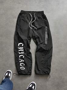 Sport MetroGents 男士字母印花抽绳腰时尚运动裤 - 黑色 - 查看 1