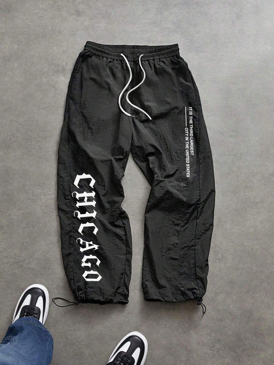 Sport MetroGents 男士字母印花抽绳腰时尚运动裤 - 黑色 - 查看 1