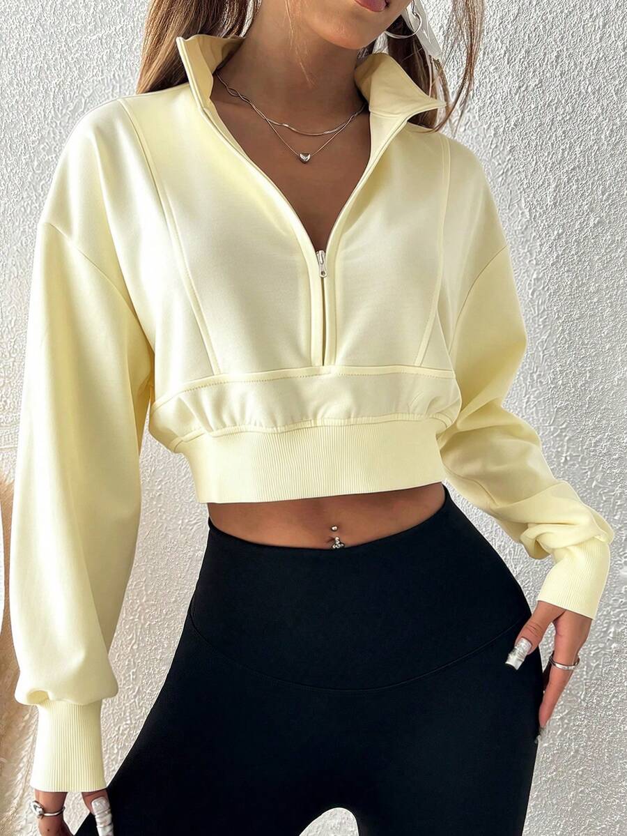 SHEIN EZwear 女士前拉链长袖简约短款卫衣，休闲日常穿着，长袖上衣，适合毕业、教师、秋冬季返校季穿着，黄色 - 杏色 - 查看 1