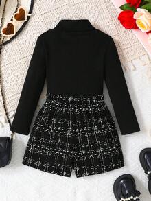 Firerie Kids Firerie Kids 2 件套年轻女孩高领 T 恤和格子短裙，适合日常和通勤穿着，秋季 - 黑色 - 查看 2