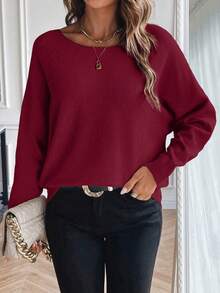 SHEIN LUNE Women's Casual Solid Color Round Neck Batwing Long Sleeve Loose Sweater, Autumn/Winter - Burgundy - View 4