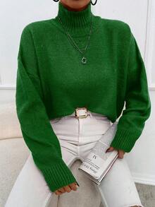 EURMUSE High Neck Drop Shoulder Sweater - 綠色 - 查看 6