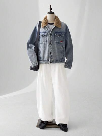 ESTAVOR Men's Autumn/Winter Patchwork Sherpa Collar Single-Breasted Casual Denim Long Sleeve Jacket