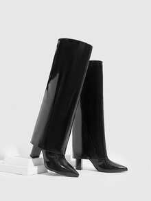 CUCCOO SZL 女式户外尖头粗高跟鞋黑色 PU 光面材质时尚简约日常和派对侧拉链靴 - 黑色 - 查看 2