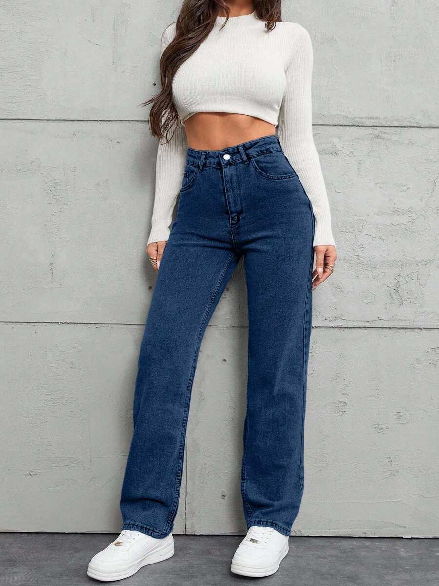 SHEIN Tall 高码100%纯棉斜口袋直筒牛仔裤 - 深色水洗藍 - 查看 1