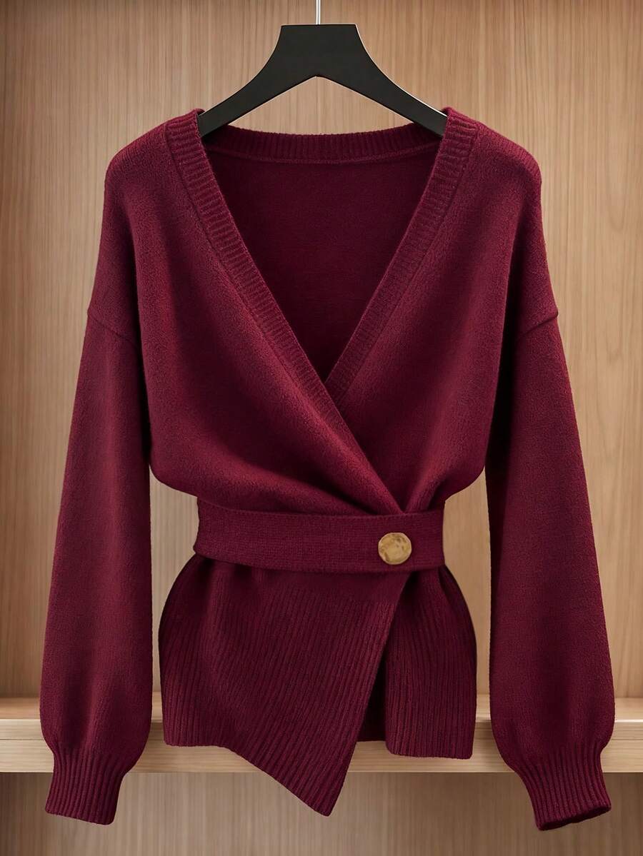 INAWLY Plus Drop Shoulder Belted Wrap Knit Top