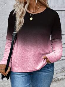 EMERY ROSE Plus Size Ombre Gradient Round Neck Long Sleeve Basic T-Shirt, Fashionable & Casual - Multicolor - View 4