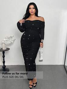 Firerie Plus Size Women's Elegant Black Off-Shoulder Pearl Decor Ruched Fitted Slimming Romantic Party Date Maxi Dress, Valentine's Day/New Year Wedding Dress For Women - Black - View 1
