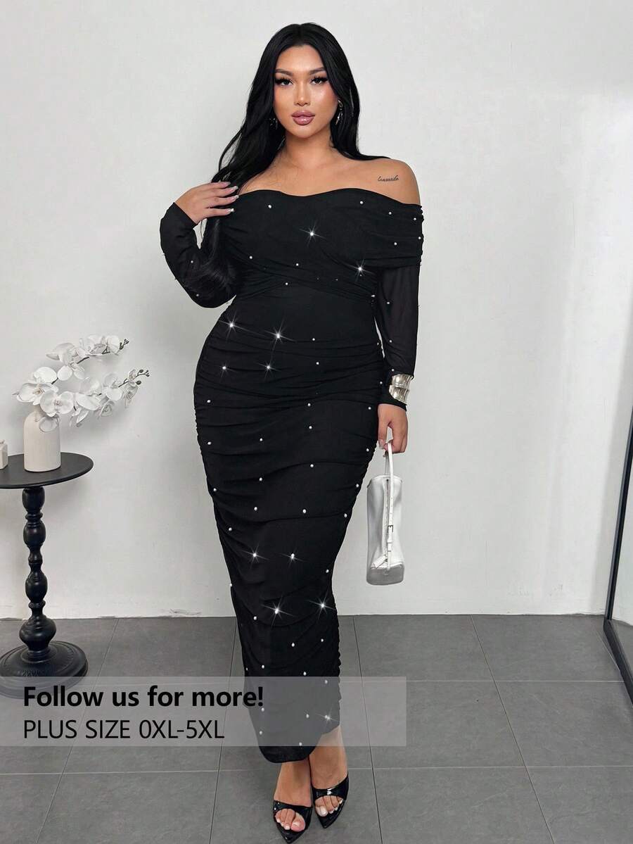 Firerie Plus Size Women's Elegant Black Off-Shoulder Pearl Decor Ruched Fitted Slimming Romantic Party Date Maxi Dress, Valentine's Day/New Year Wedding Dress For Women - Black - View 1