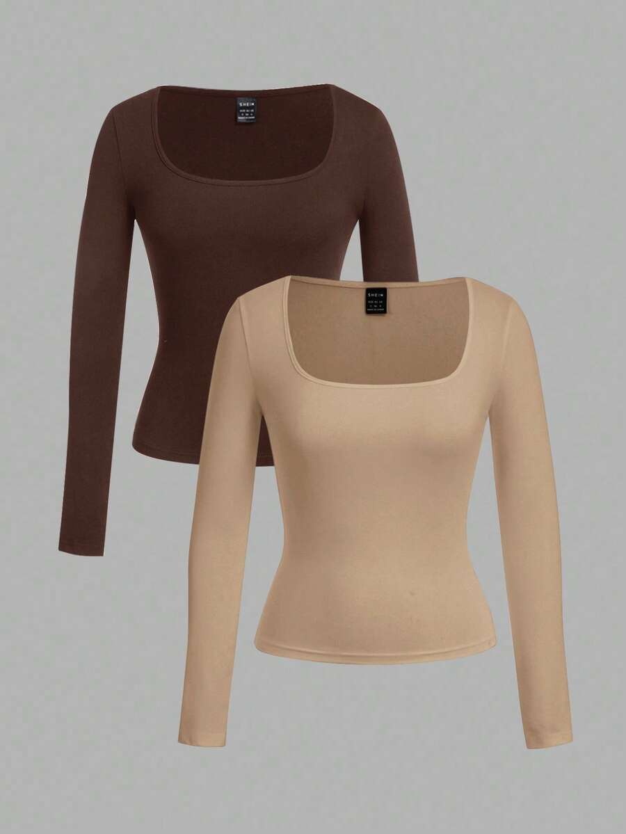SHEIN EZwear 2pcs/Set Women Square Neck Slim Fit Long Sleeve Casual T-Shirt Set, Brown & Khaki,Fall,Fall Clothes For Women - Multicolor - View 1