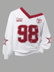 Sparklyn 2 件套女孩休闲时尚街头风格数字和英文字母星星图案 V 领宽松长袖上衣和阔腿运动裤运动套装，日常穿着 - 彩色 - 查看 4