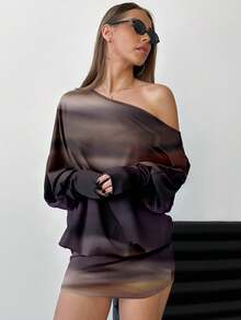 Aloruh Batik-Muster sexy asymmetrische Schulter Langarm Bodycon Mini Kleid für Musikfestivals, Herbst/Winter Batik Mini Kleid